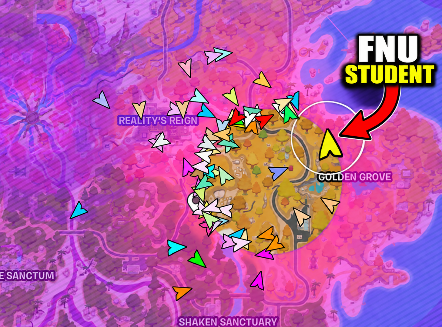 Fortnite map with the storm closing in: a crowd of players packed on one side of the zone while the Fortnite University student holds the open edge near Golden Grove